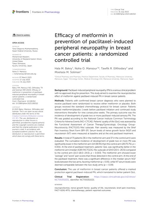 Pdf Efficacy Of Metformin In Prevention Of Paclitaxel Induced