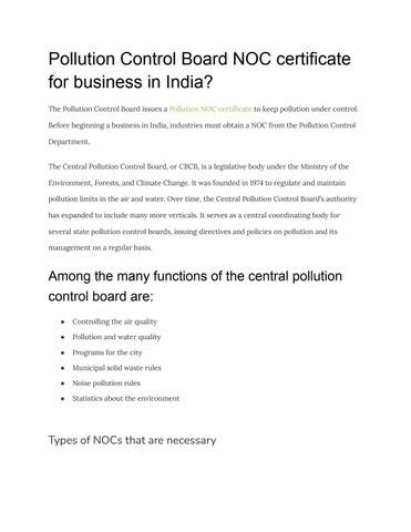 Pollution Control Board NOC Certificate For Business In India By