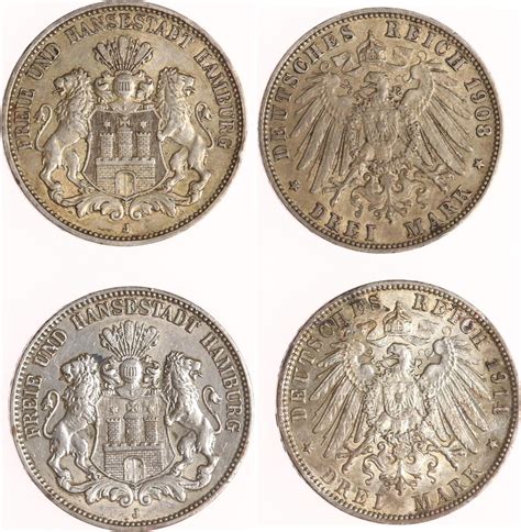 Hamburg 2 x 3 Mark 1908 J 1914 J sehr schön sehr schön vorzüglich