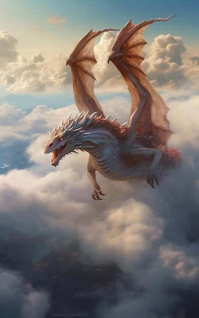 Un dragón volando por encima de las nubes con el título de dragón