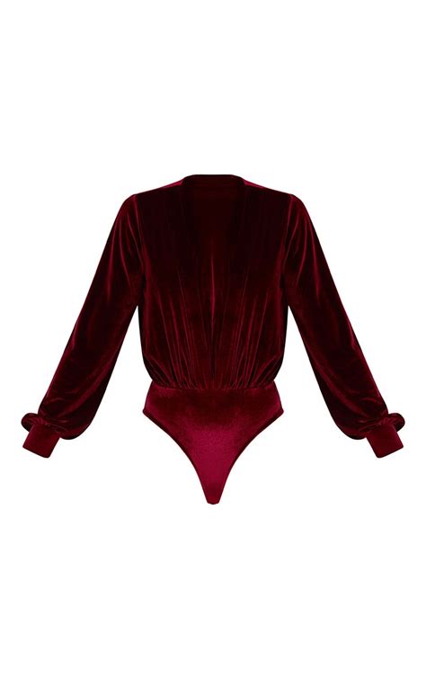 Burgundy Velvet Longsleeve Plunge Bodysuit Prettylittlething