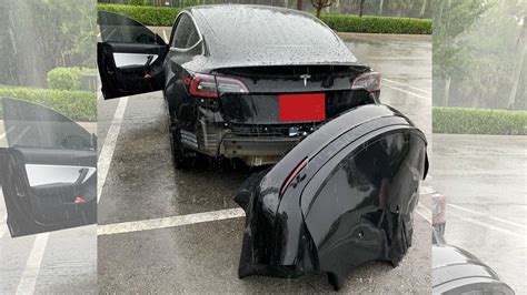 Watch This Tesla Model 3 Rear Bumper Fly Off After Driving Through Puddle