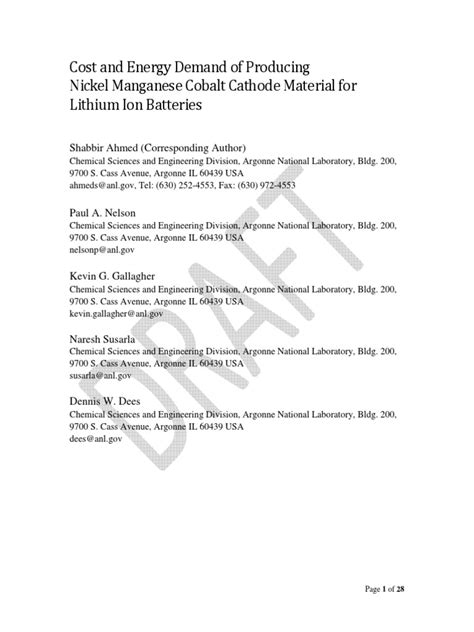 Argonne Ncm Production Cost Pdf Lithium Ion Battery Chemical Reactor