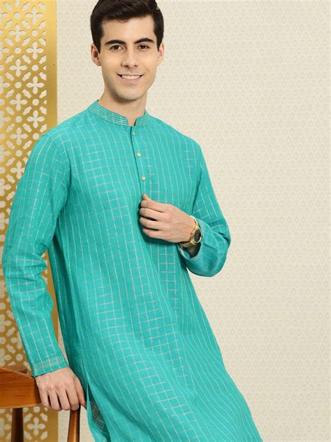 Buy House Of Pataudi Men Turquoise Blue And Gold Toned Checked Kurta