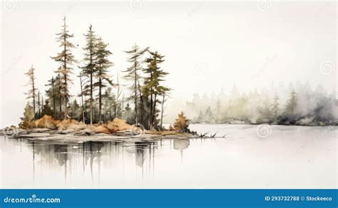 Hazy Watercolor Painting Of Pine Trees On Plateau Shores Stock Illustration Illustration Of