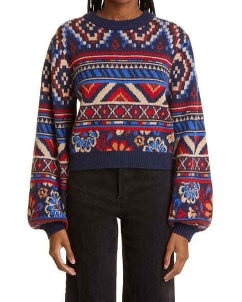 Farm Rio Ainika Jacquard Balloon Sleeve Sweater In Blue Lyst