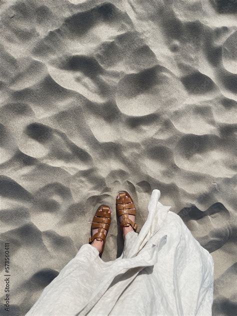 Women Feet On Desert Beach Sand Aesthetic Summer Vacation Background