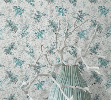 Non Woven Wallpaper Floral Linen Look Turquoise Grey 47451