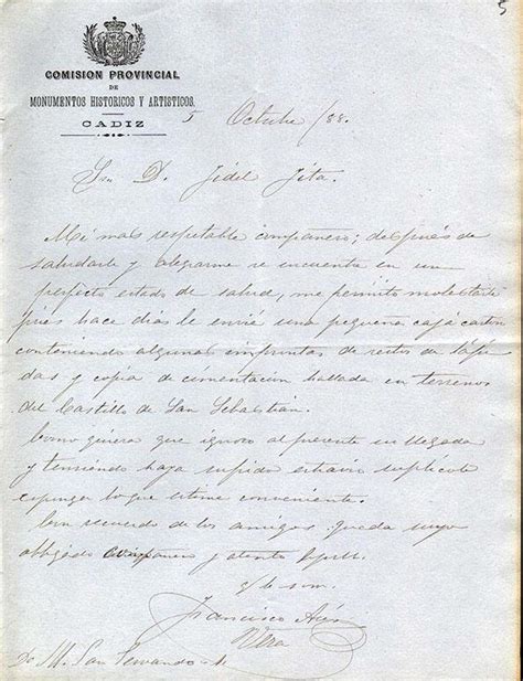 Carta de Francisco Asís Vera a Fidel Fita sobre inscripciones de Cádiz