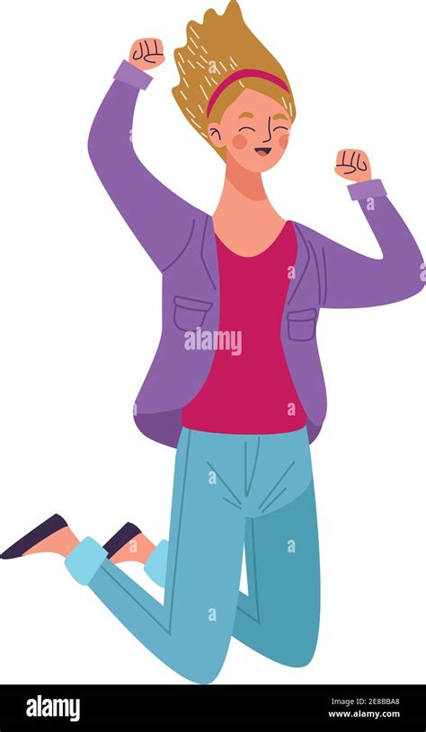 Beautiful Young Woman Happy Jumping Character Vector Illustration