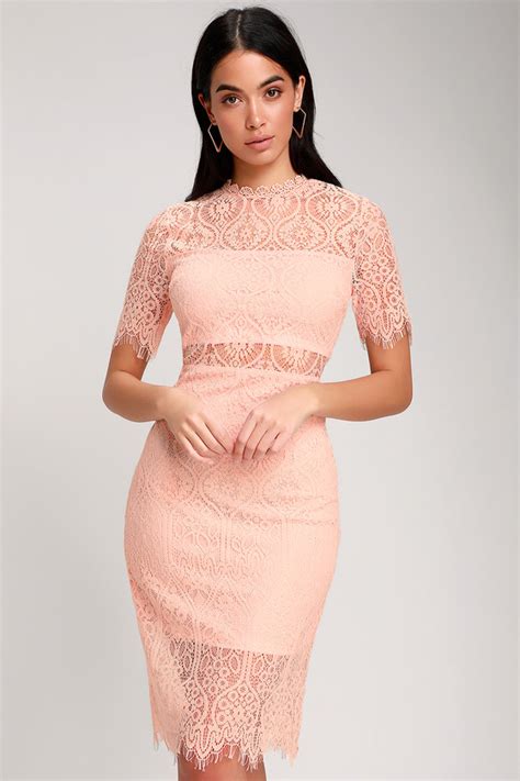 Chic Blush Pink Dress Lace Dress Sheath Dress Pink Midi Lulus