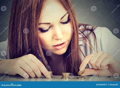 Woman Counting Money Stacking Up Coins Stock Image Image Of Count