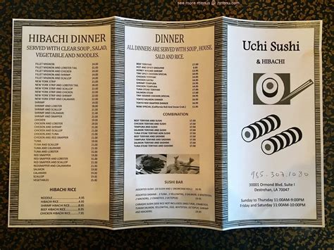 Menu at Uchi Sushi restaurant, Destrehan