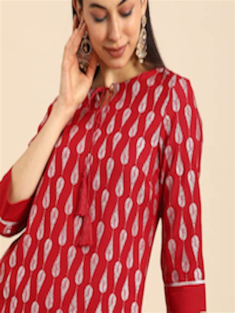 Buy Anouk Women Red And Silver Toned Ethnic Motifs Foil Printed Kurta