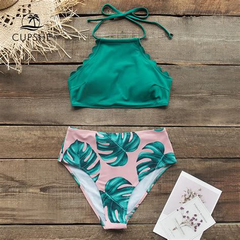 Cupshe Teal And Palm Print High Neck Halter Bikini Sets Sexy Swimsuit