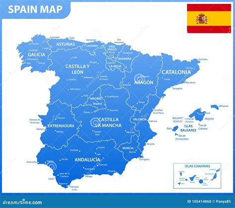 The Detailed Map of the Spain with Regions or States and Cities ...