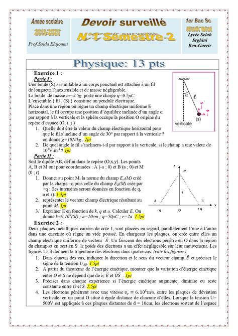 Devoirs Corrigés N1 semestre 2 Physique Chimie 1ere Bac Dyrassa