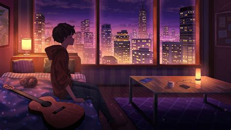 Lofi Boy Wallpaper 4K Guitar Lonely Cityscape