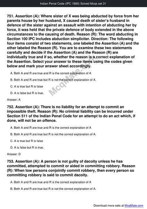 Indian Penal Code Ipc Solved Mcqs Set Mcq Assertion A