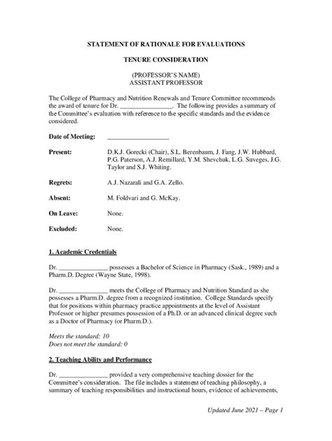 Fillable Online STATEMENT OF RATIONALE FOR EVALUATIONS TENURE Fax