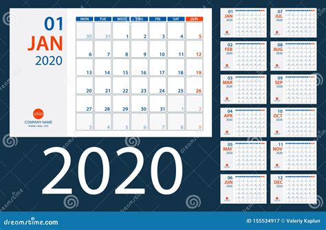 2020 Calendar Planner Vector Illustration Template Mock Up Stock