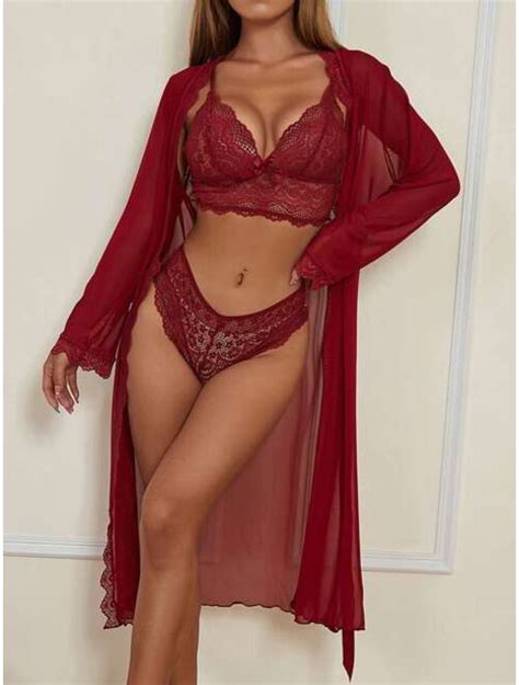 Buy Shein Floral Lace Lingerie Set With Belted Mesh Robe Online