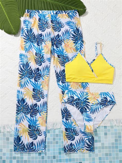 Teen Girls Tropical Print Bikini Swimsuit With Cover Up Pants Shein Uk