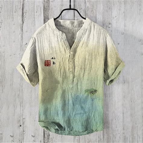 Comstylish Pond Frog Japanese Art V Neck Linen Blend Cozy Shirt