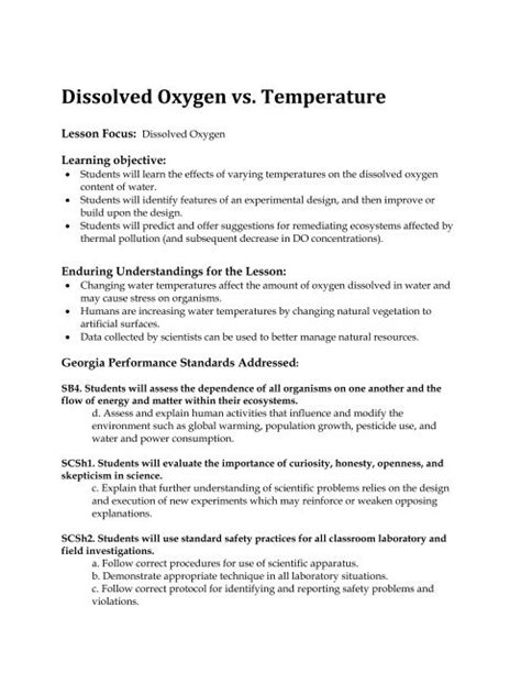 Dissolved Oxygen Vs Temperature Georgia Aquarium