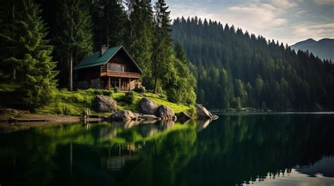 Premium Ai Image A Lonely House On The Shore Of A Lake In The Forest