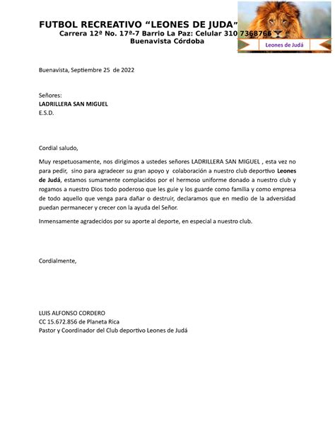 Carta Solicitud Uniformes Futbol Recreativo Leones De Juda Carrera