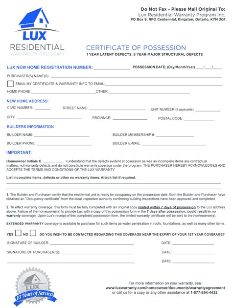 Fillable Online Certificate Of Possession Lux Warranty Fax Email