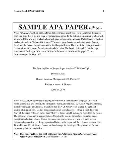 APA 6th Edition Sample Paper Guidelines Running Head DANCING FOX 1