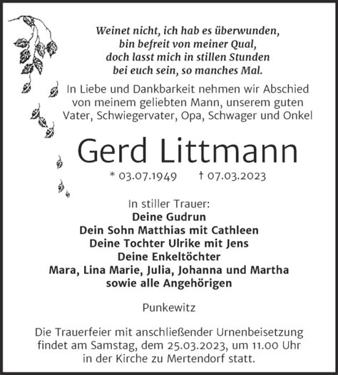 Traueranzeigen Von Gerd Littmann Abschied Nehmen De