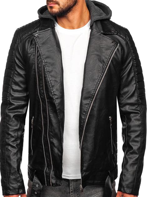 Bolf Herren Kunstlederjacke Biker Mit Kapuze Schwarz Z