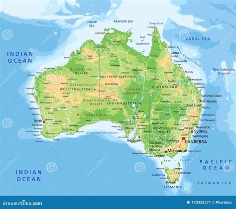 High Detailed Australia Physical Map With Labeling Stock Vector