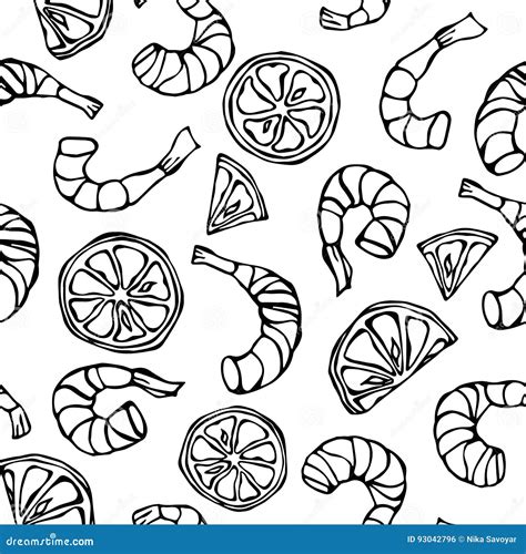 Seafood Seamless Pattern Shrimp Or Prawn And Lemon Background