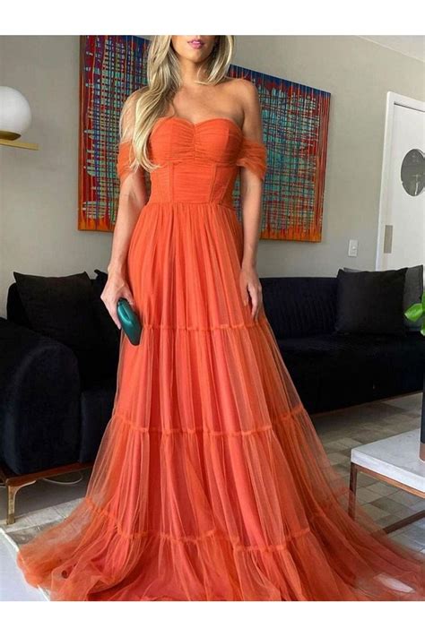 Simple Tulle Pleats Orange Long Prom Dress With Off Shoulder Straps