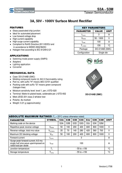 S A Taiwan Semiconductor Rectifier Hoja De Datos Ficha T Cnica