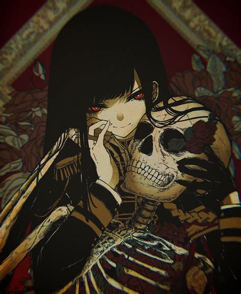 Skull Red Eyes Black Hair Rose Vertical Anime Girls Skeleton Flowers Wallpaper Resolution