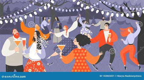 Retro Garden Party With People Dancing And Drinking Wine Cartoon