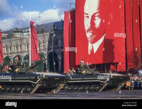 Moscow, Russia. 7th Nov, 1987. Commanders salute Soviet leaders atop Lenin's Tomb from the ...