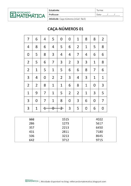Caça Numeros Para Imprimir - CAÇA NÚMEROS - FÁCIL [1] - Reforçando de Matemática