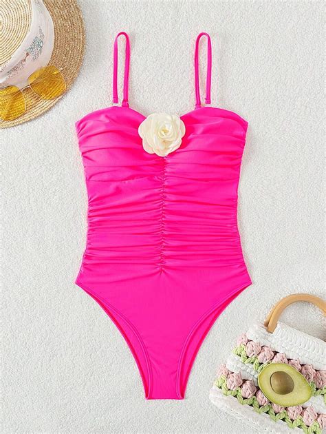 Womens Ruffled 3d Flower One Piece Swimsuit Perfect For Beach Valentine Shein Asia