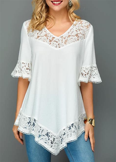 Flare Sleeve Asymmetric Hem Lace Patchwork Blouse Usd