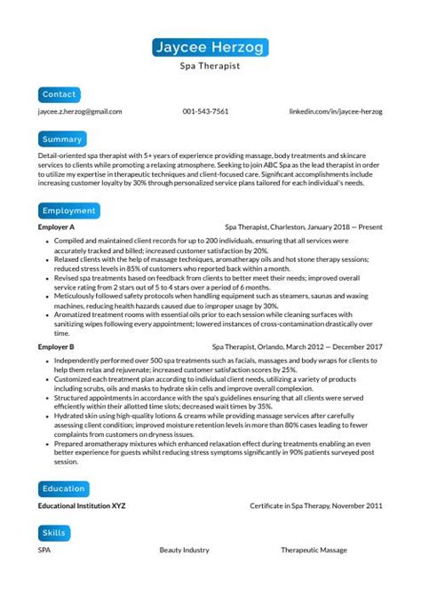 Spa Therapist Resume (CV) Example and Writing Guide