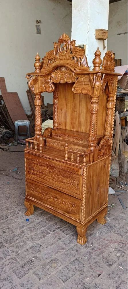 Hand Carved Brown Teak Wood Temple For Suitable For Home Size