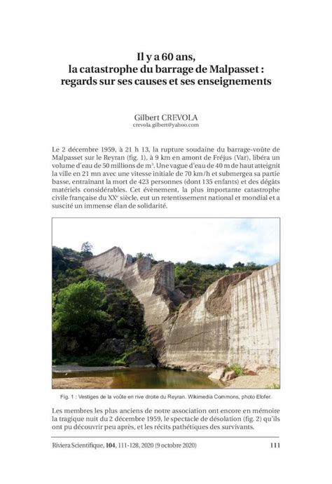 Pdf Il Y A Ans La Catastrophe Du Barrage De Malpasset