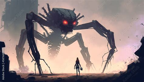 The Man Facing The Giant Spider Robot Digital Art Style Illustration