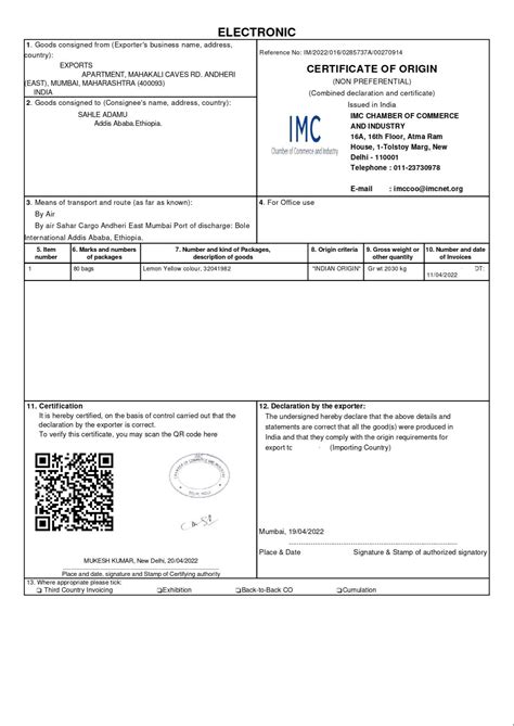 Certificate Of Origin Template Pdf